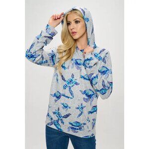 Gray & Blue Sea Turtle Sea Life Print Pull Over Hoodie Multiple Sizes
